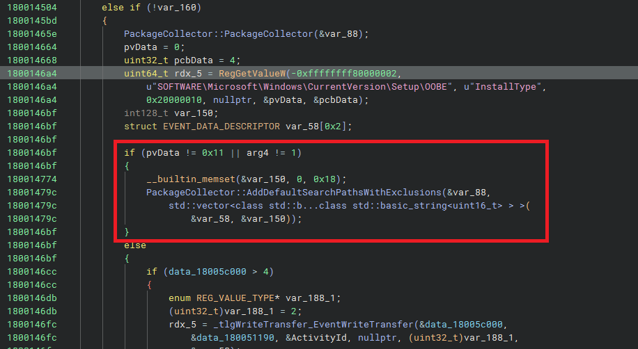 Binary Ninja HLIL of CMVEngine::HandleStates showing the InstallType branch — the only branch that excludes location 0 requires installType==0x11 AND arg4==1; on a normal running machine neither holds.