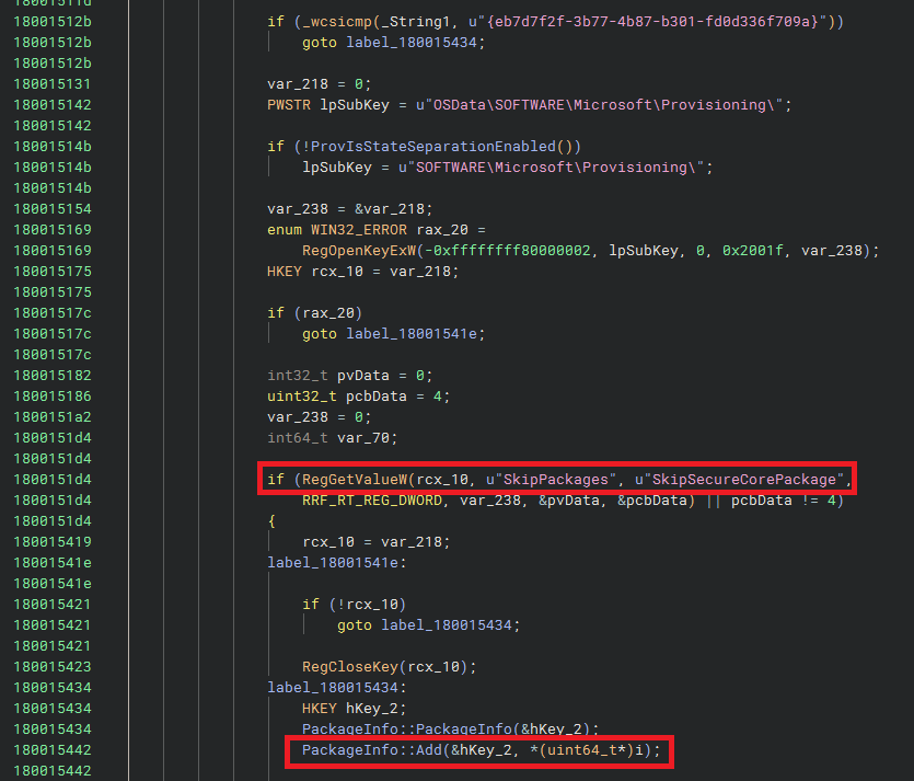 Binary Ninja HLIL of CMVEngine::HandleStatesForPackagesInternal — top of the per-package loop: the vtable[0x48] OpenProvPackage gate, the getters, ResolveServicedPackages (de-dup), and the vtable[0x58] ValidateProvPackage gate. Both gates are structural; neither verifies a signature.