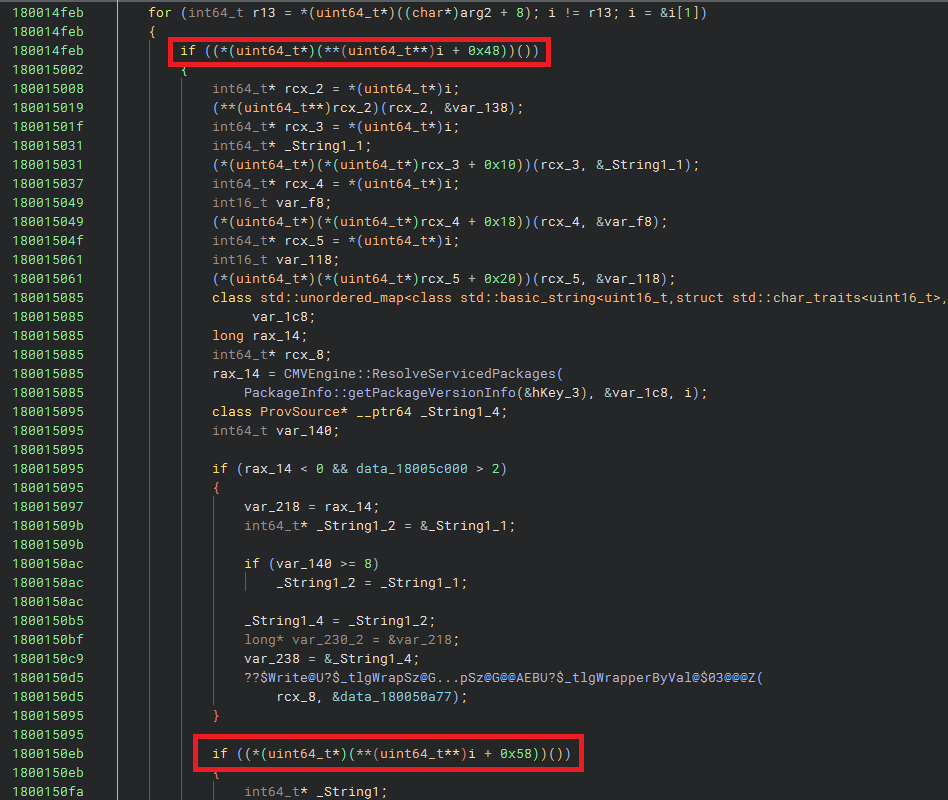 Binary Ninja HLIL of CMVEngine::HandleStatesForPackagesInternal — lower half of the per-package loop: the hardcoded SecureCore GUID comparison, the SkipSecureCorePackage registry gate with its OSData state-separation path, and PackageInfo::Add. No signature, trust, or author check anywhere.