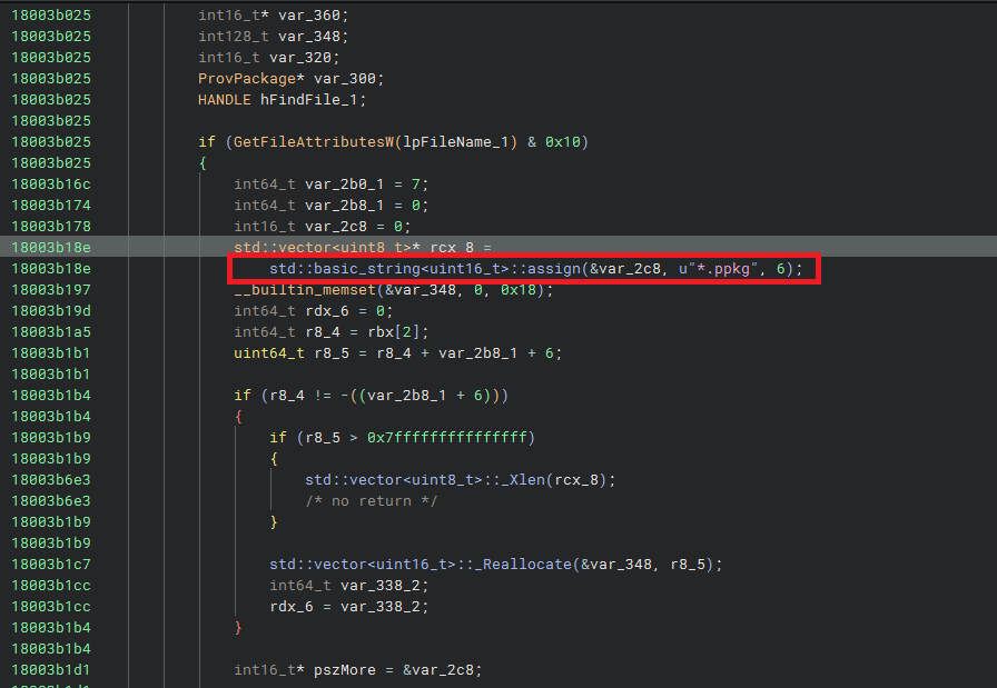 Binary Ninja HLIL of PackageCollector::Search — the *.ppkg glob, FindFirstFileW/FindNextFileW loop, and the ProvPackage allocation; the only filter is the file extension.